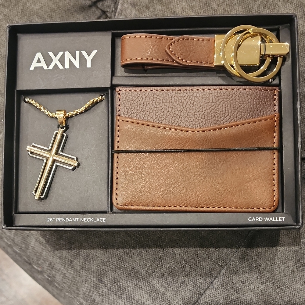 AXNY Brown Wallet and Gold Necklace Set